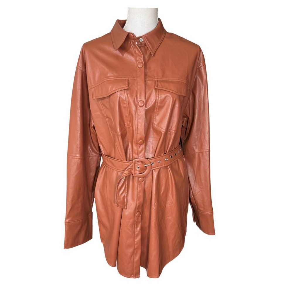 Mulla Faux Leather Belted Mini Dress Caramel Toffee Brown Button Front Large NWT